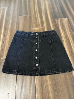 Sz S/M Black Button-Front Denim Mini Short Skirt A line Flare Y2K w Belt Loops